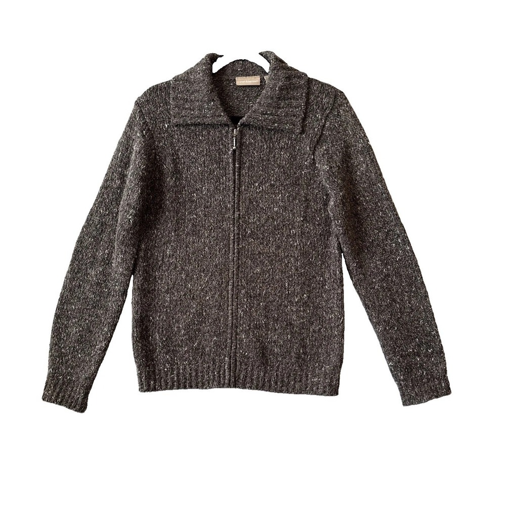 Croft & Barrow Full Zip Sweater Womens M Taupe Brown Knit Collared Cozy Cottage